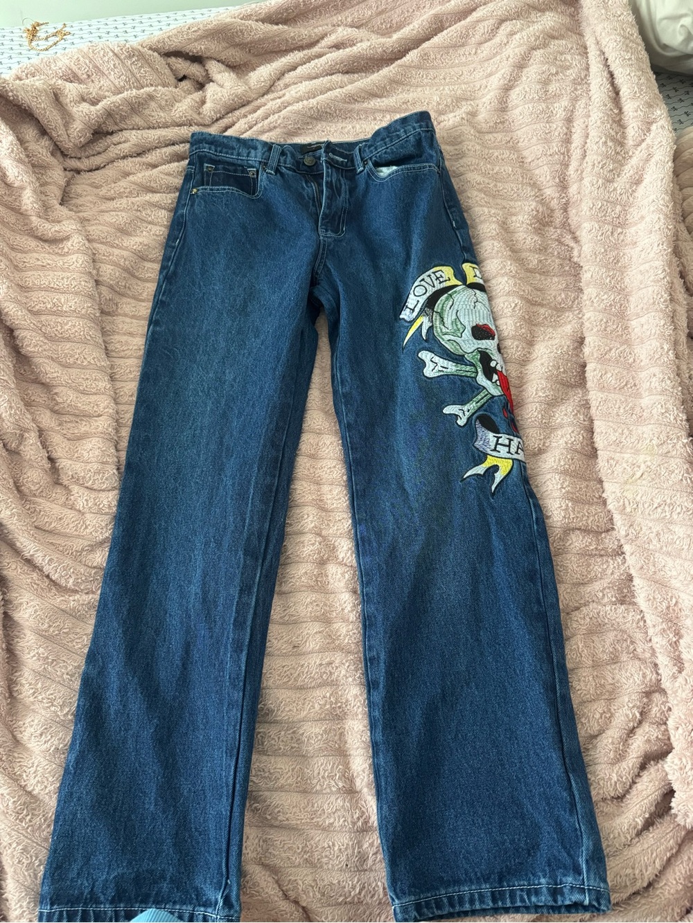 Ed Hardy Men's Dark Blue Straight-Leg Jeans with Skull Patch